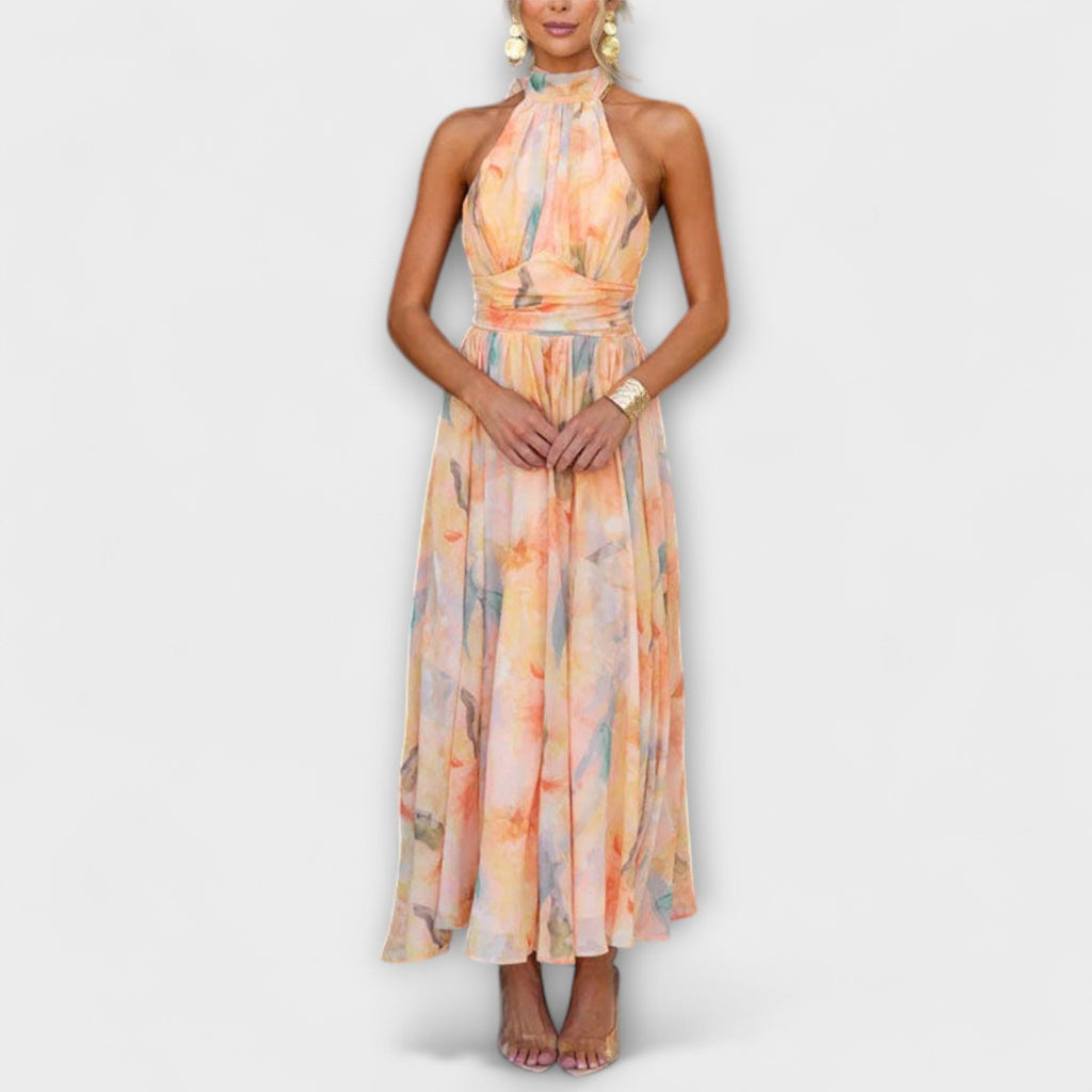 Elara | Vestido largo con cuello halter y estampado acuarela