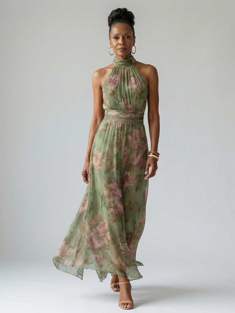 Mirelle | Vestido midi con escote halter y fruncidos