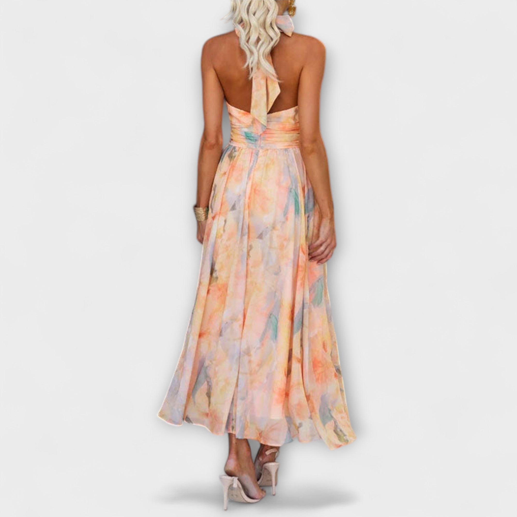 Elara | Vestido largo con cuello halter y estampado acuarela
