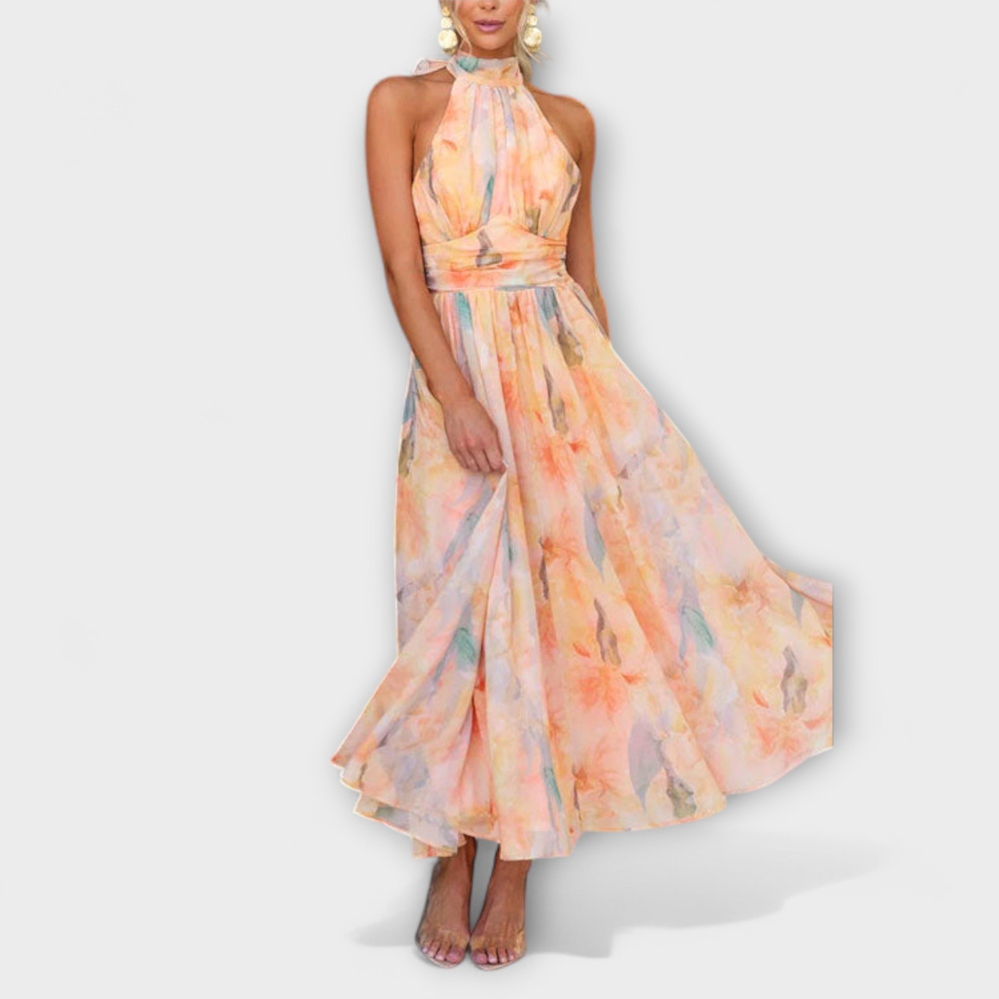 Elara | Vestido largo con cuello halter y estampado acuarela