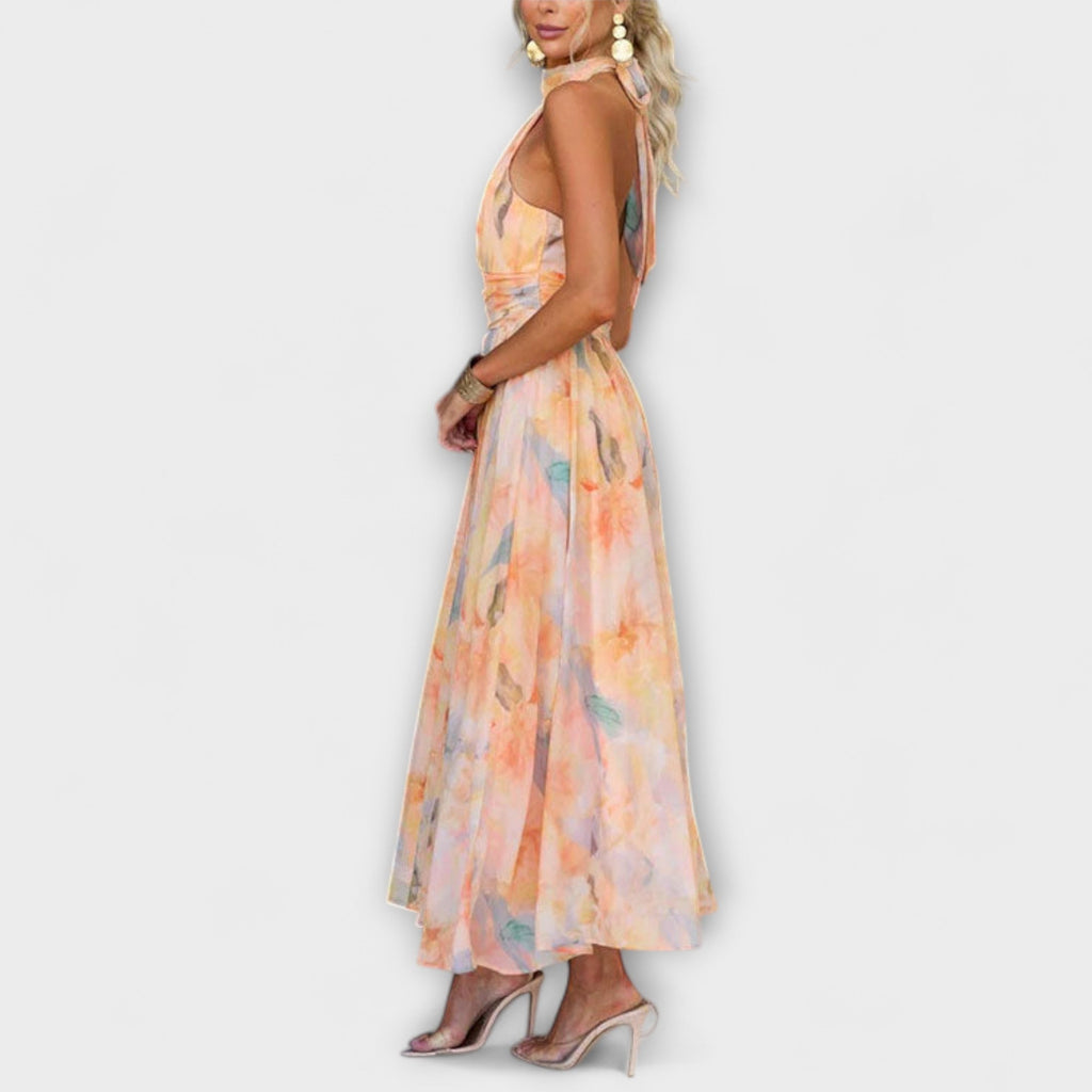 Elara | Vestido largo con cuello halter y estampado acuarela