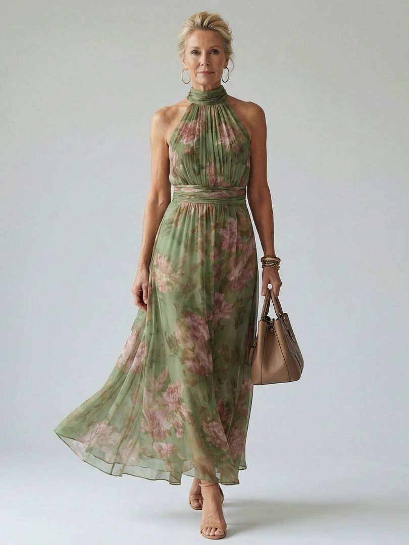 Mirelle | Vestido midi con escote halter y fruncidos