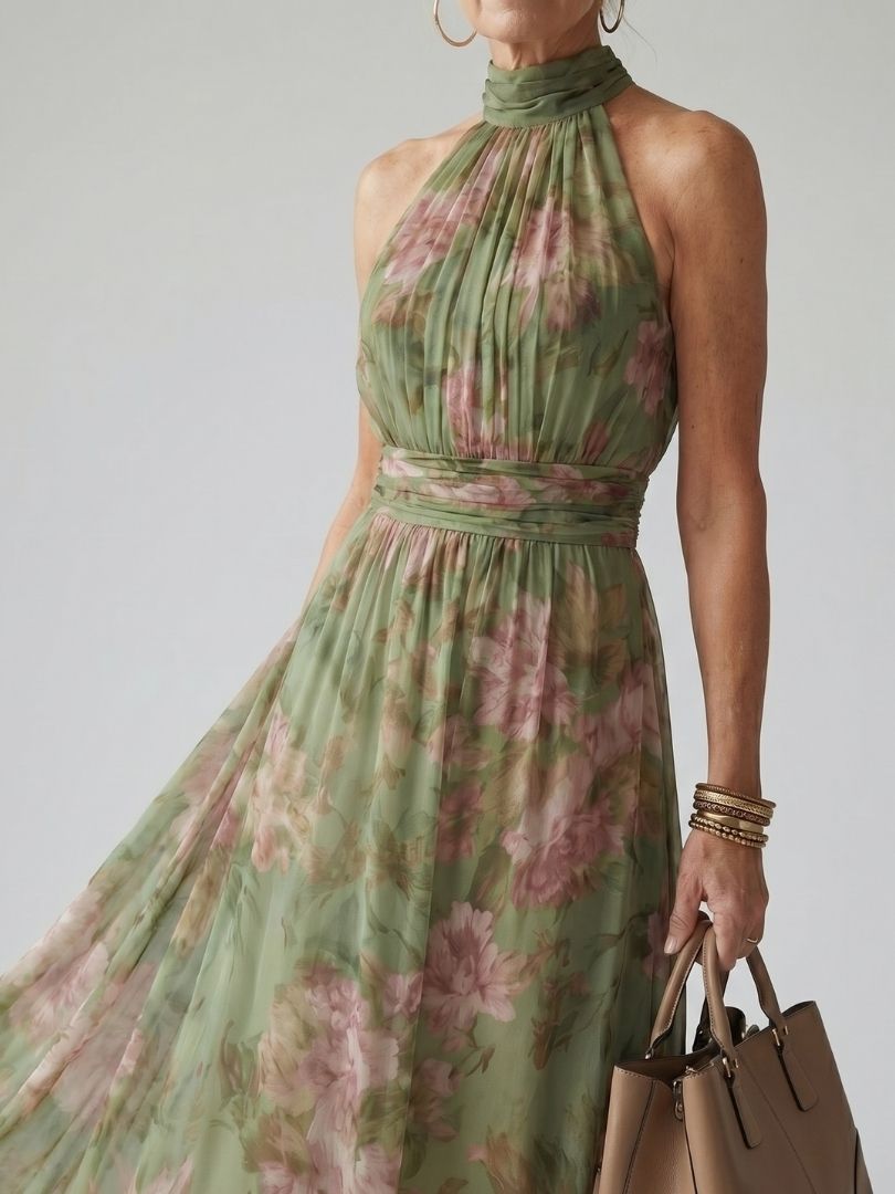 Mirelle | Vestido midi con escote halter y fruncidos