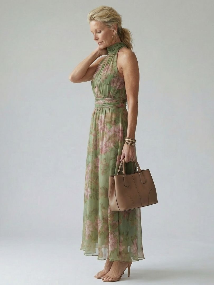 Mirelle | Vestido midi con escote halter y fruncidos
