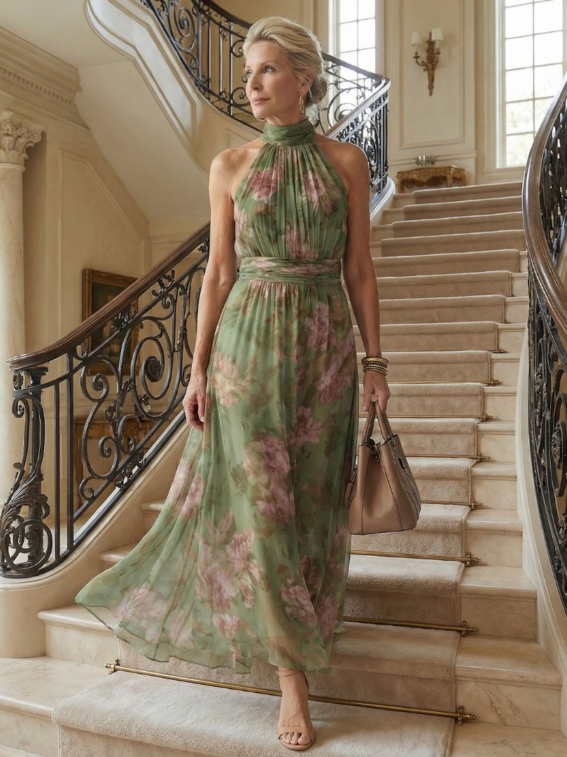 Mirelle | Vestido midi con escote halter y fruncidos