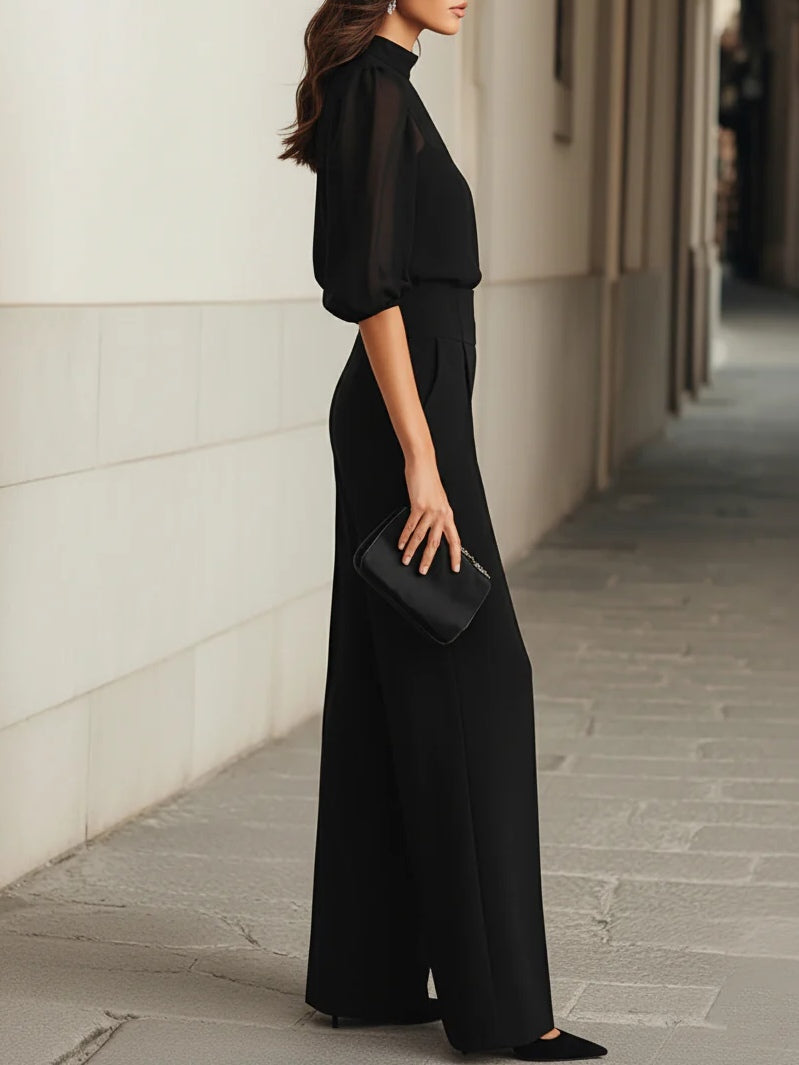 Valentina - Conjunto de tres piezas en negro, compuesto por un top camisola transparente y unos pantalones de pierna ancha