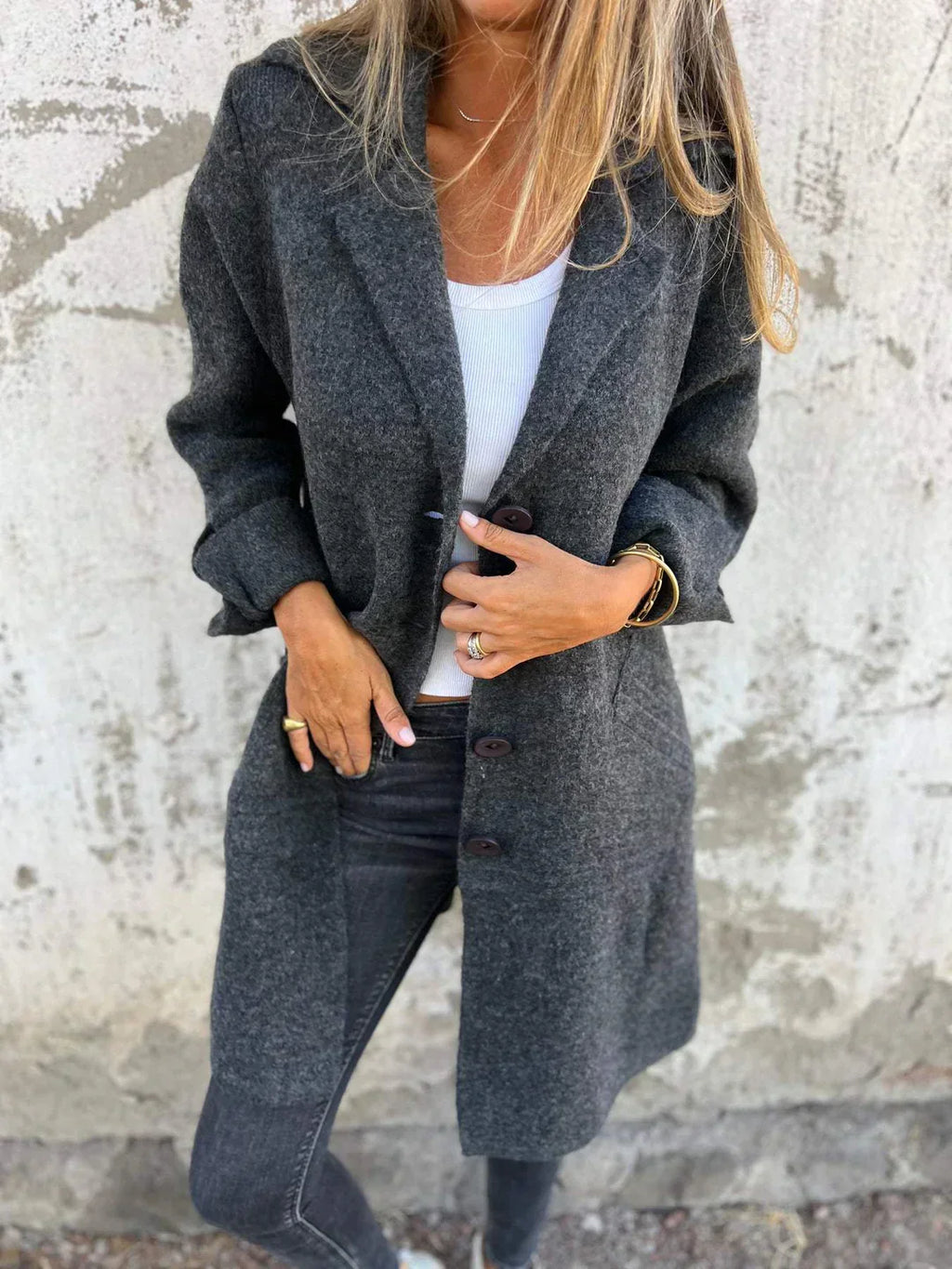 Baylea - Casual Long Wool Coat With Lapel and Single Breasted