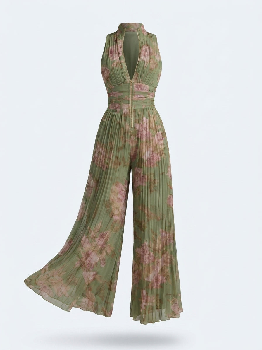 Gabriela- Mono de gasa verde con estampado floral, escote en V, sin mangas, con cremallera y pliegues, de pierna ancha