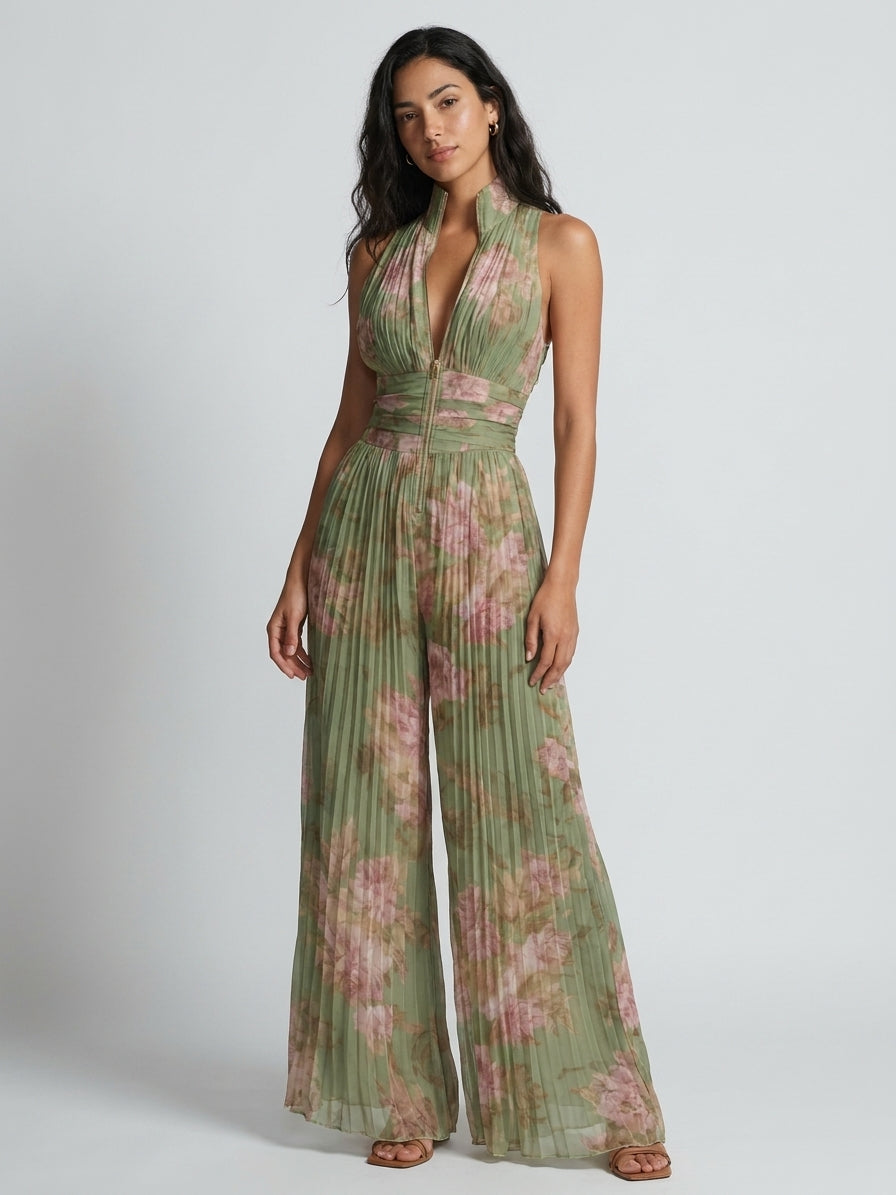 Gabriela- Mono de gasa verde con estampado floral, escote en V, sin mangas, con cremallera y pliegues, de pierna ancha