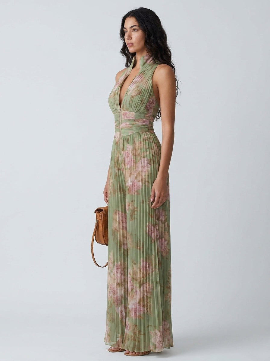 Gabriela- Mono de gasa verde con estampado floral, escote en V, sin mangas, con cremallera y pliegues, de pierna ancha